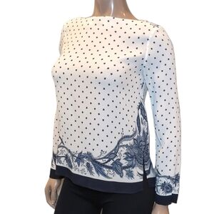 💠 ZARA Batik Print Blouse Long Sleeve Floral Border Side Slit Ecru Navy Top